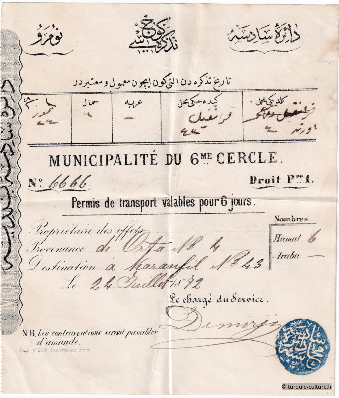 permis de transport, 1872